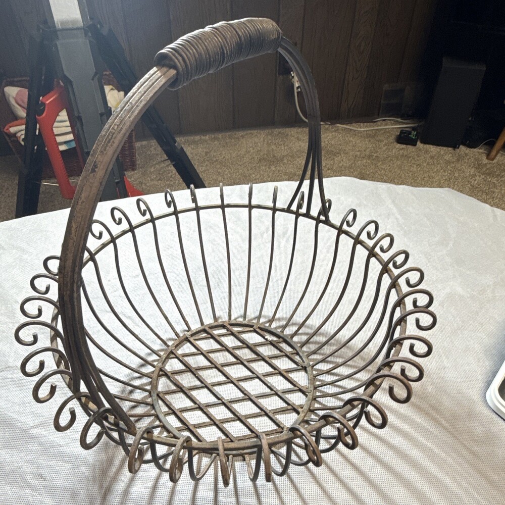 Vintage French Country Rustic Metal Wire Basket with Scroll Rim